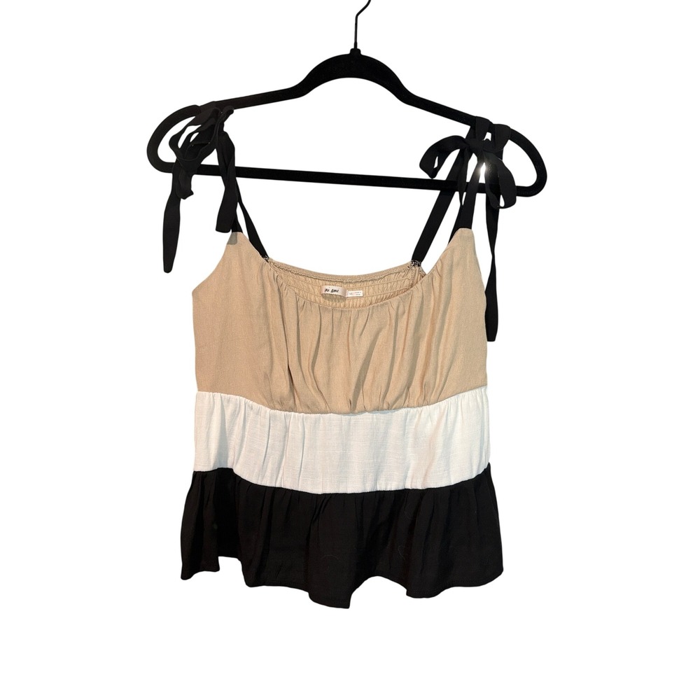 Mi Ami Colorblock Tiered Peplum Cami Top Tan White Black Size M Tie Shoulder